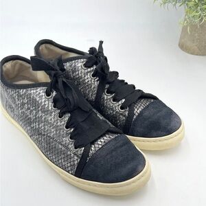 Lanvin Black Pewter Calf Hair and Leather Low-Top Sneakers Ribbon lace ups Sz 7